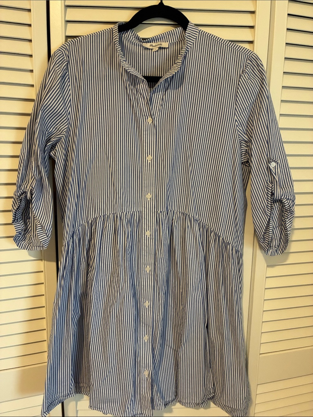 Madewell Blue and White Vertical-Stripe Long-Sleeve Shirt Dress